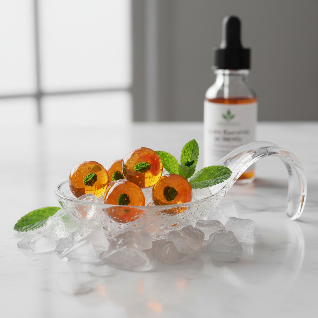 Receta Esferificación de jugo de naranja con aceite esencial de menta