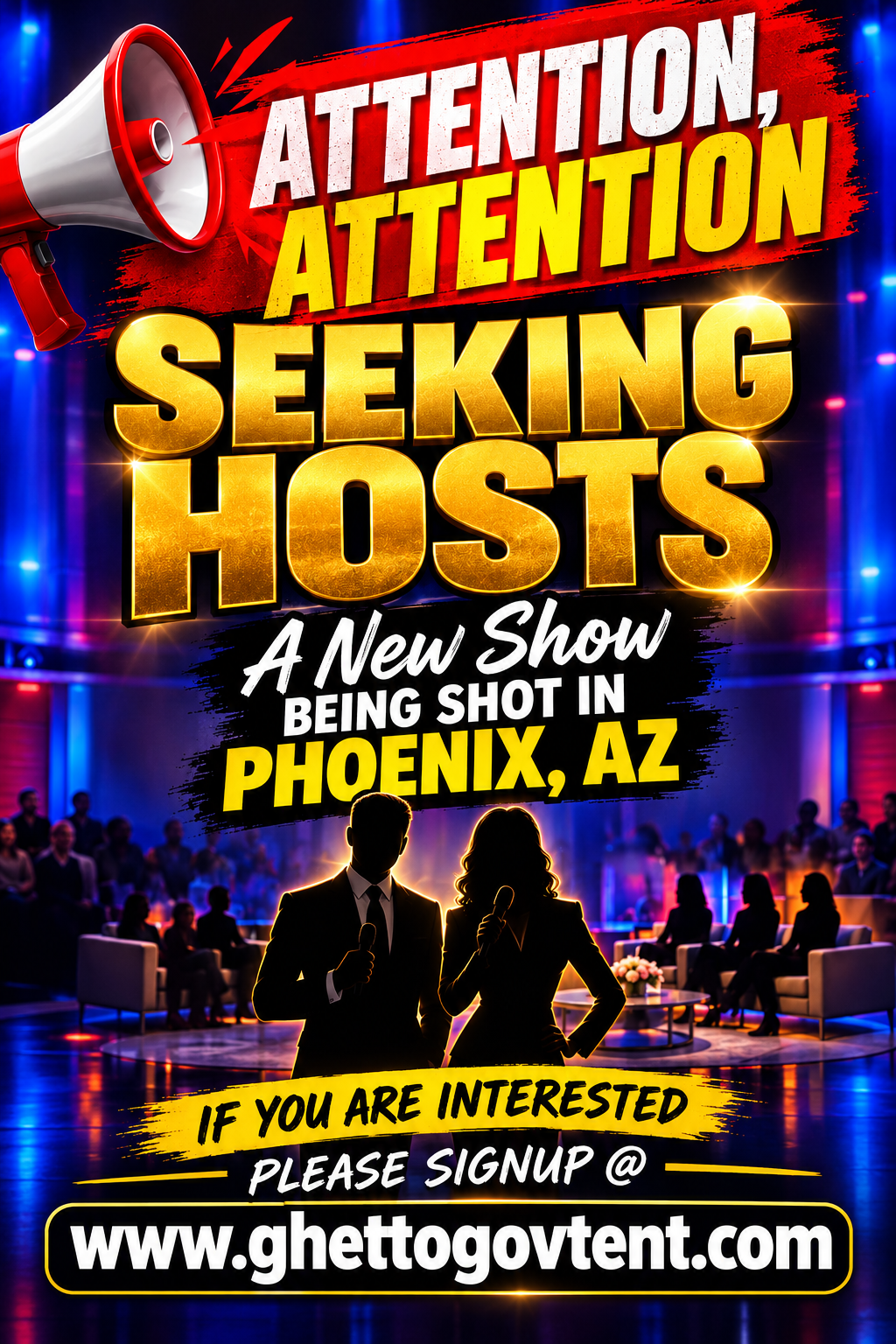 Casting call poster: seeking hosts for a new show shot in Phoenix, AZ