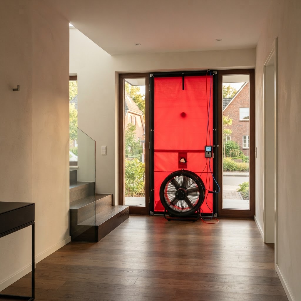 Illustration einer Blower-Door-Messung in Hamburg: rote Prüfplane mit Ventilator in der Haustür