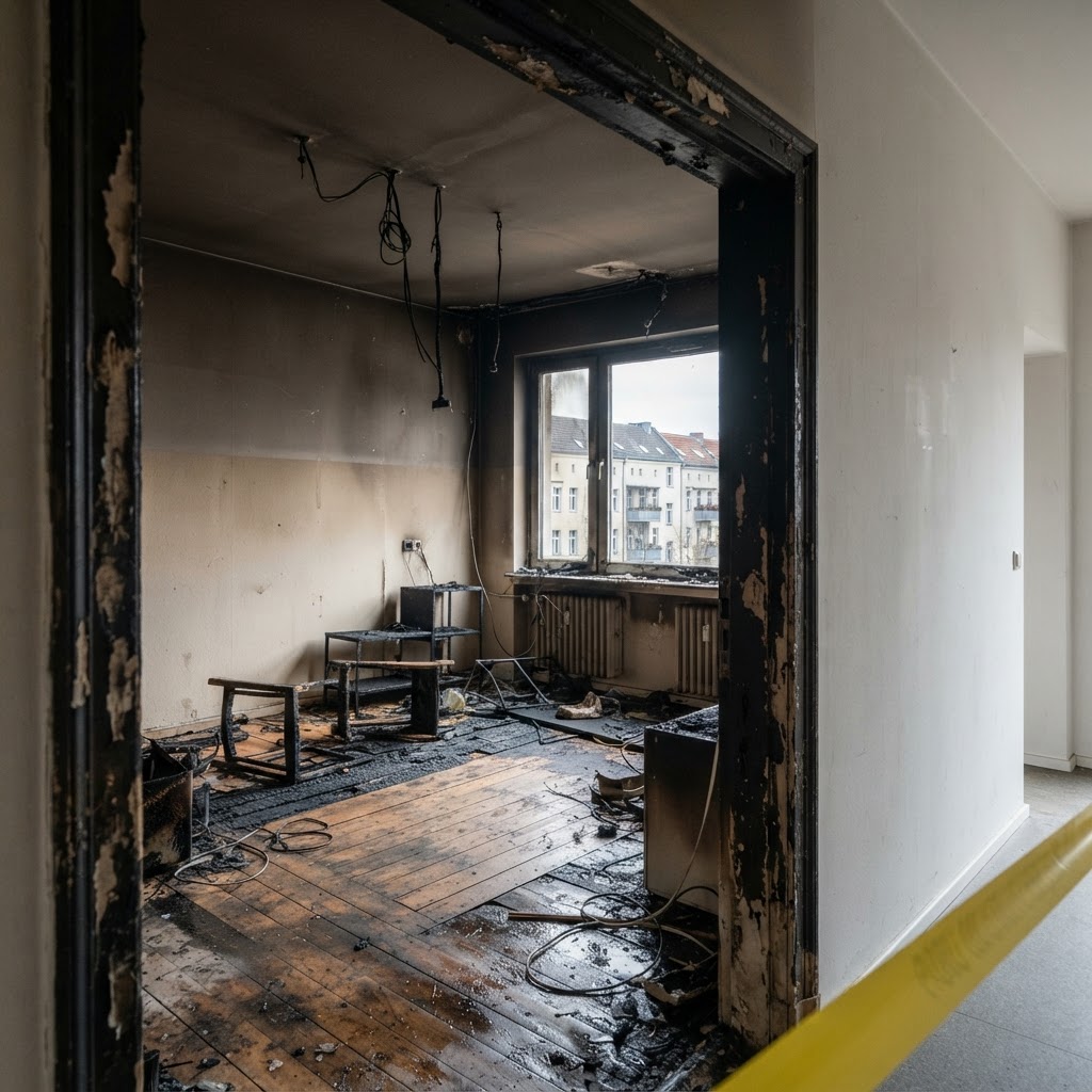 KI-Beispiel: Unbewohnter Raum mit sichtbaren Rußspuren nach einem Brand