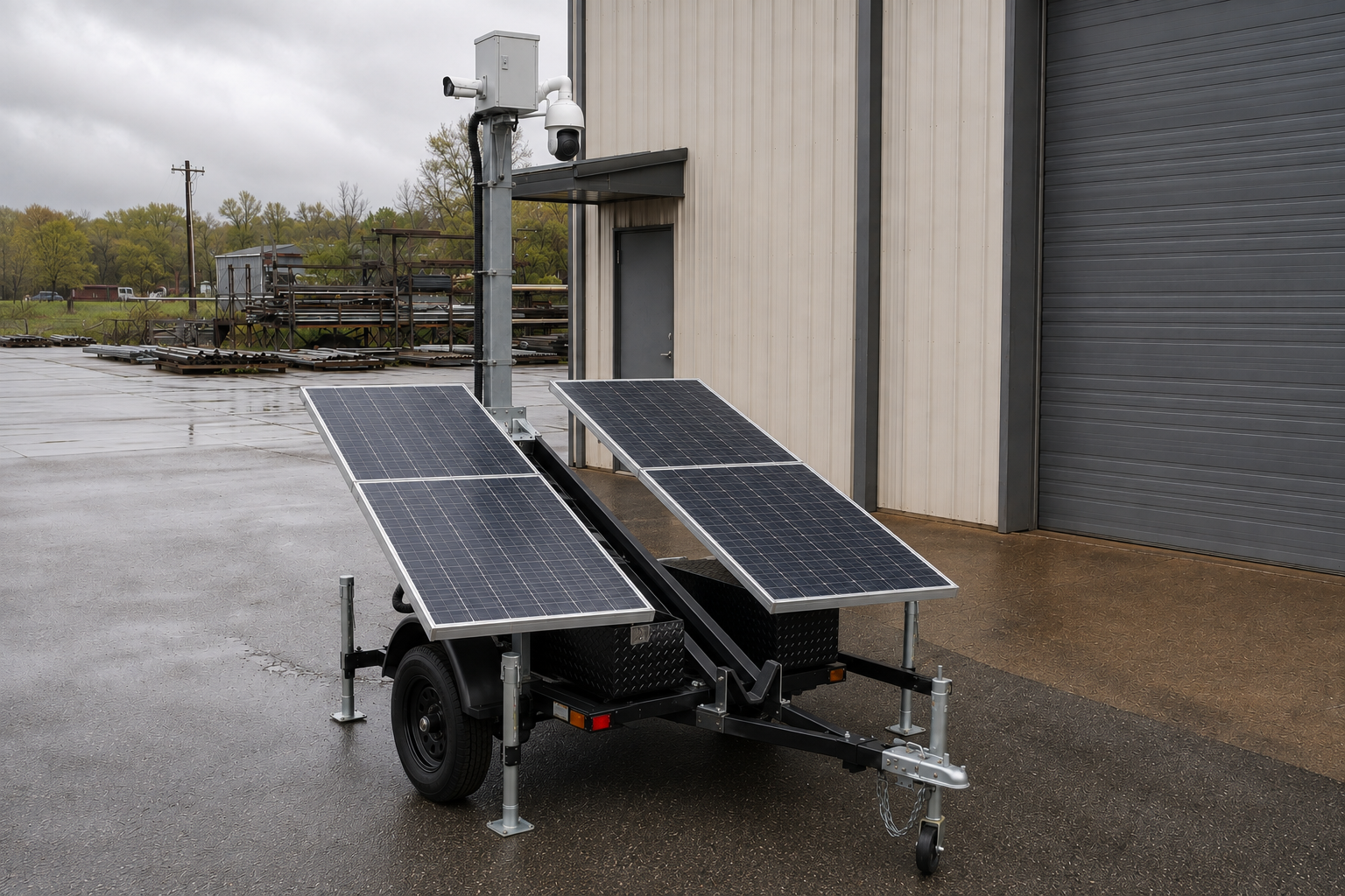 Solar-powered mobile security camera trailer with PTZ camera and dual solar panels deployed at an industrial site