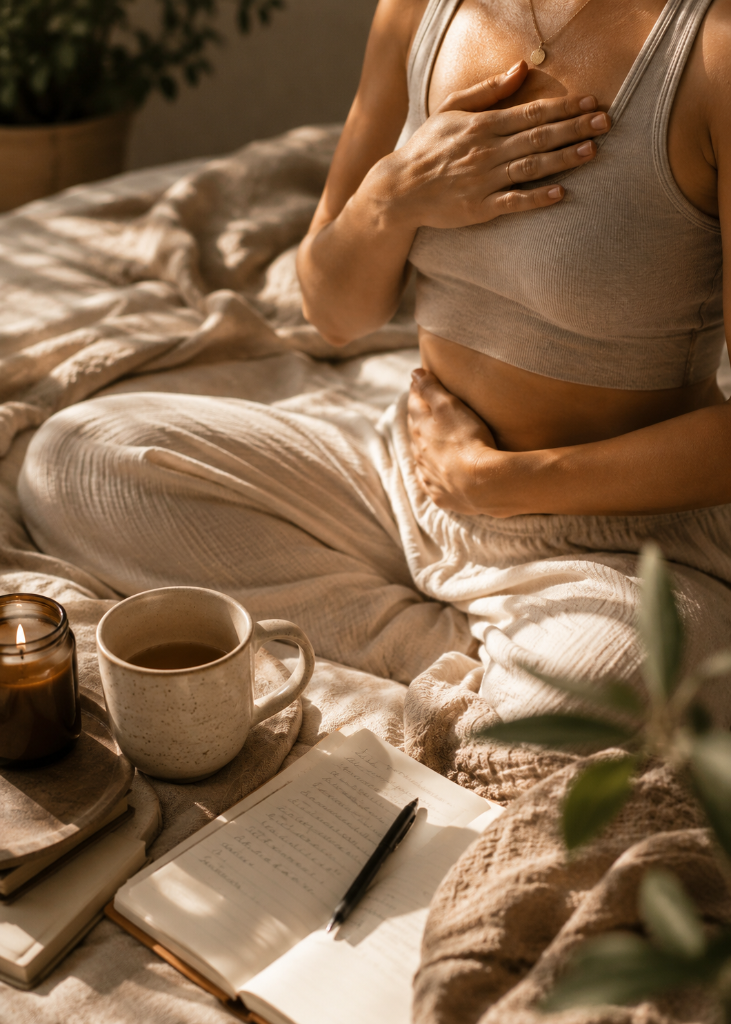 A woman in a quiet, meditative moment — hands at chest and belly, lit candle and tea nearby