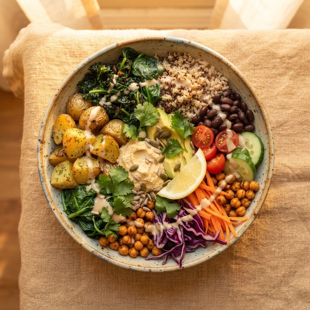 A generous plant-based meal in morning light