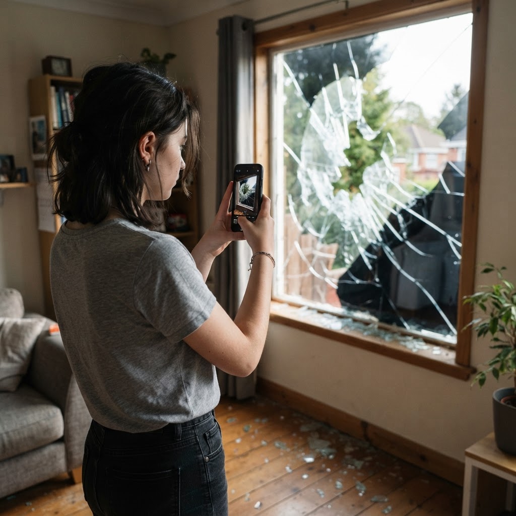 Teenager photographing a broken window