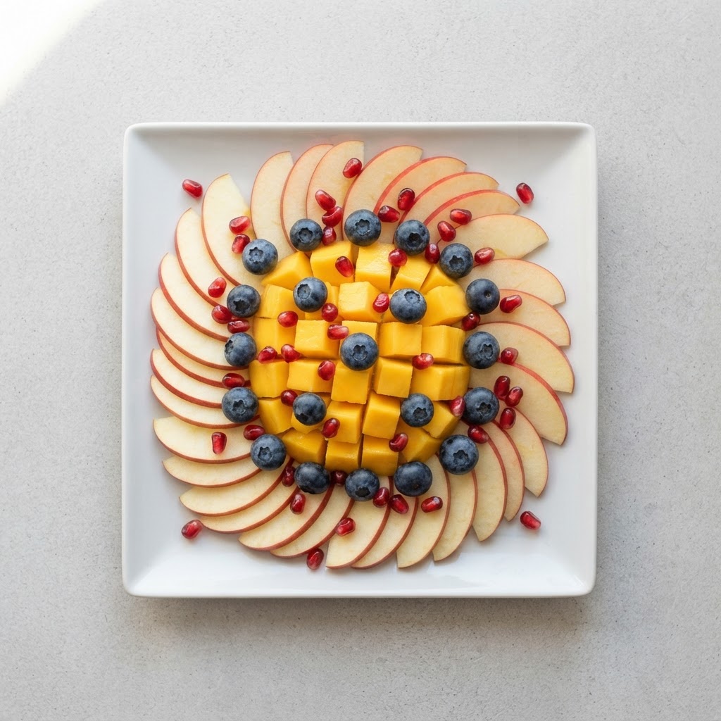 Mosaico de Frutas Exóticas y Frescas con Crujiente de Manzana