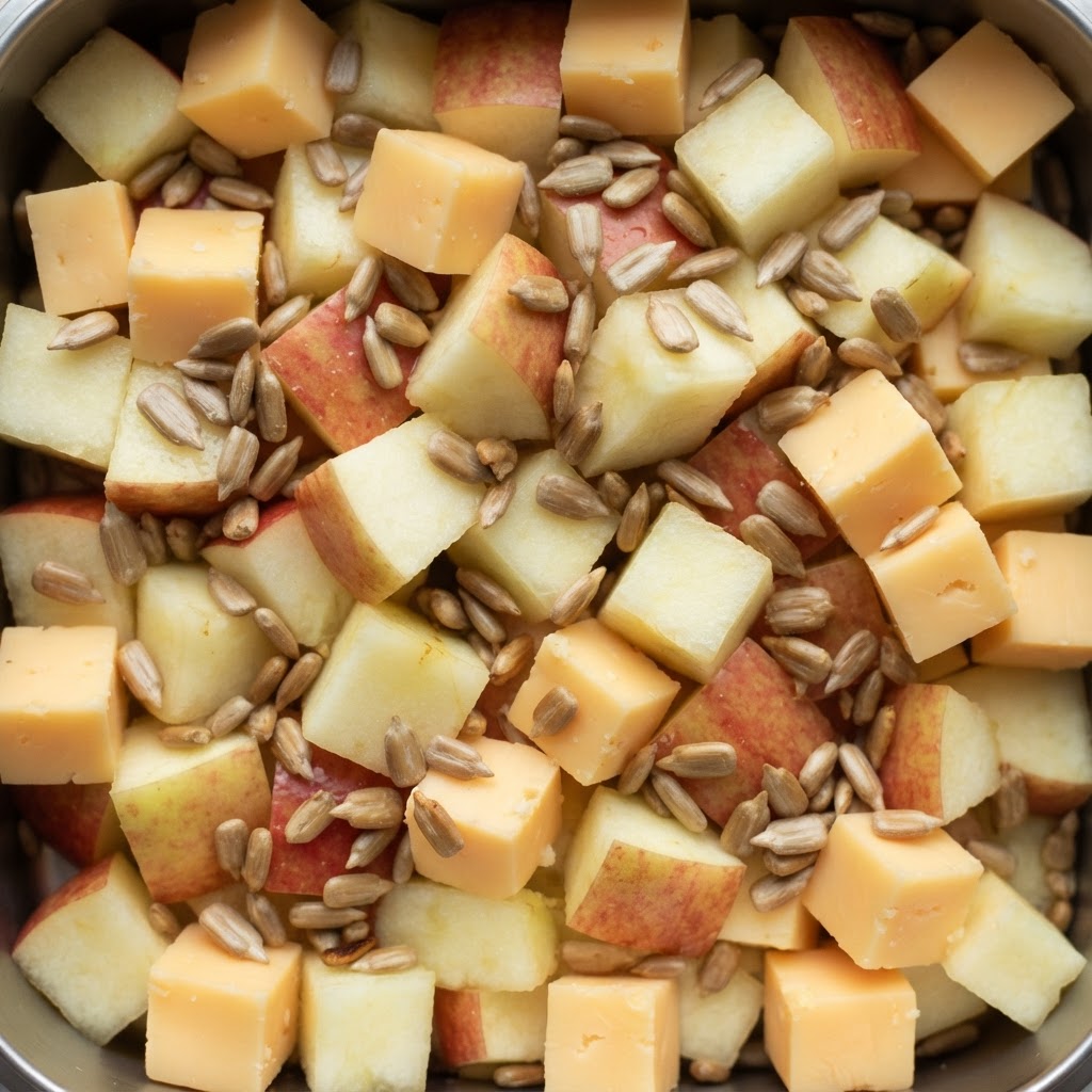 Dados de manzana y queso con semillas de girasol