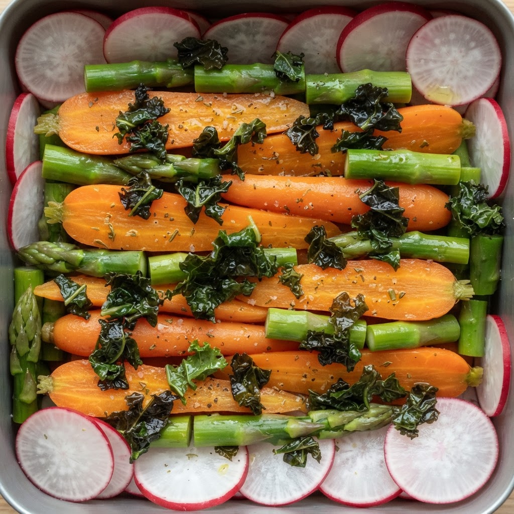 Mosaico de Verduras al Vapor con Crujiente de Kale