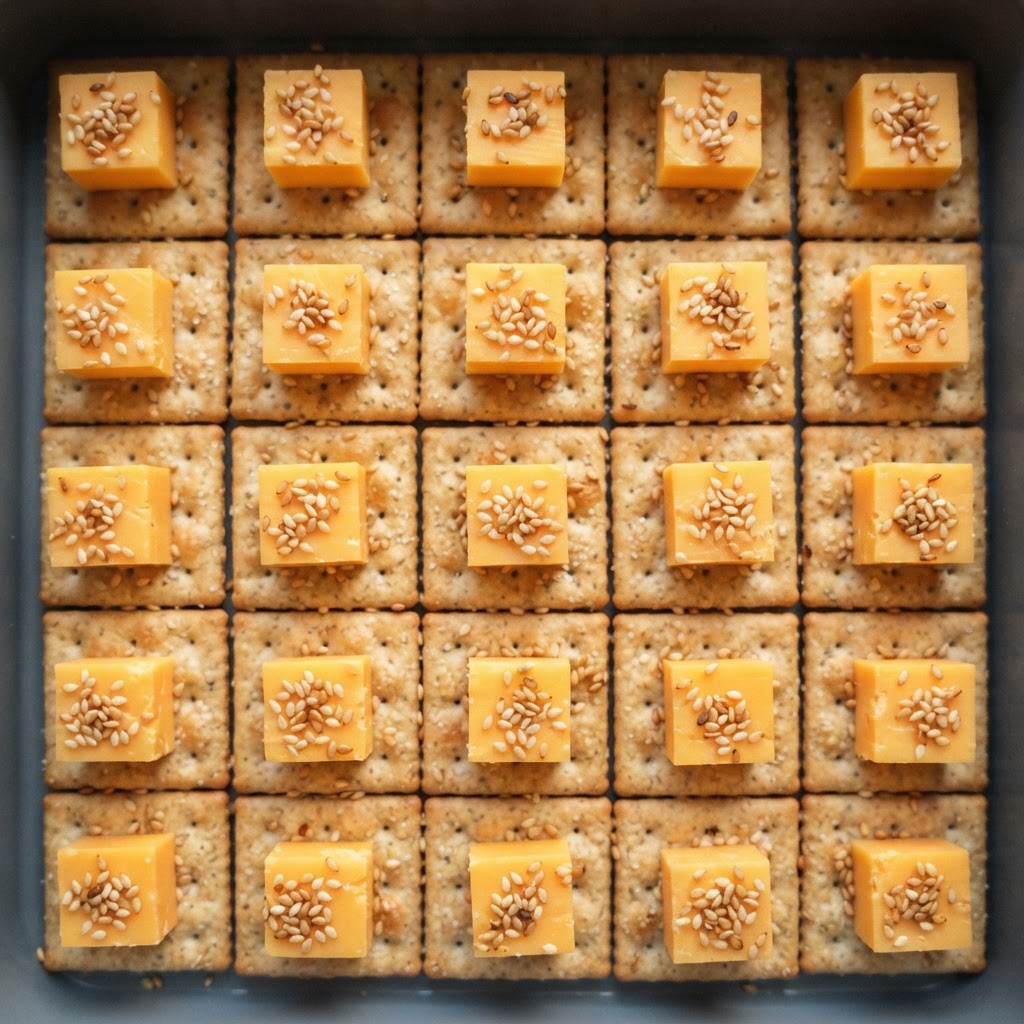 Bocaditos Crujientes de Queso y Sésamo con Base de Galleta Salada