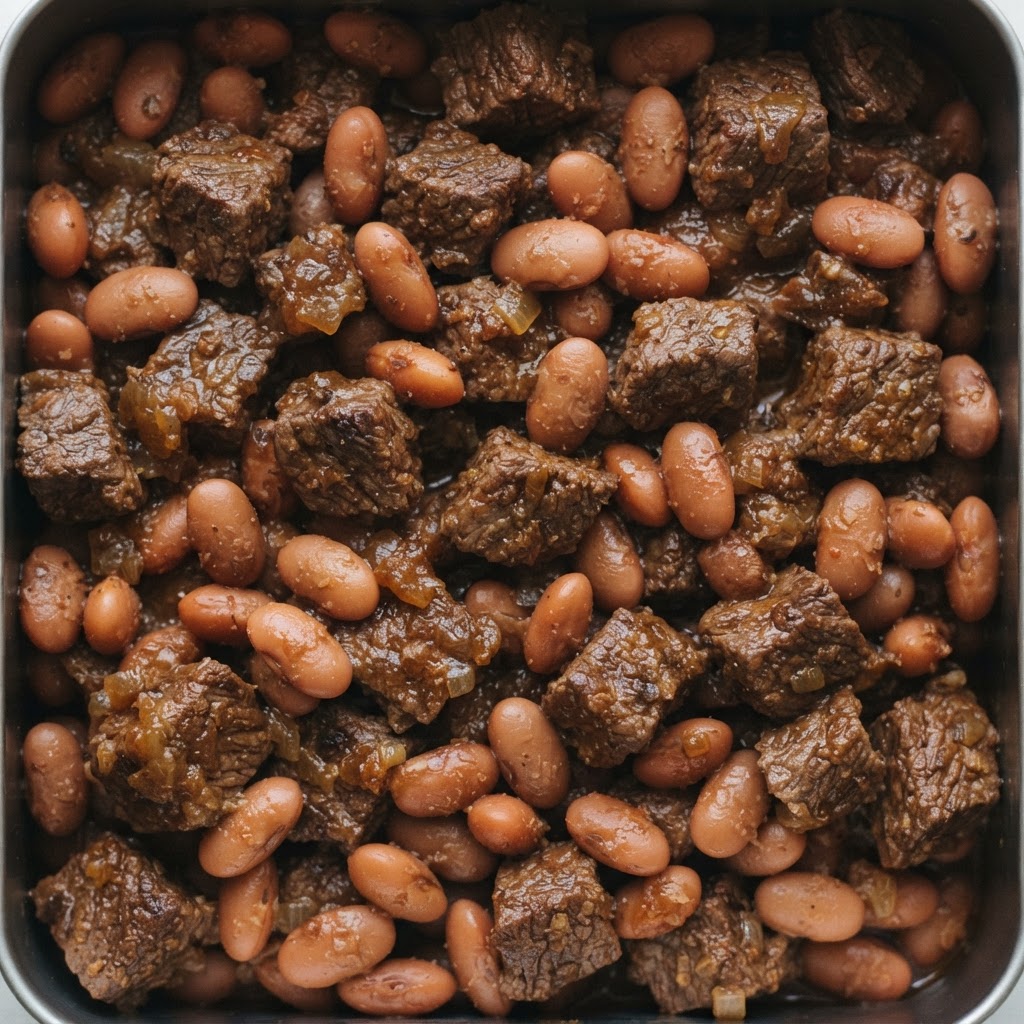 Bocados de Res Sellada con Frijoles Especiados