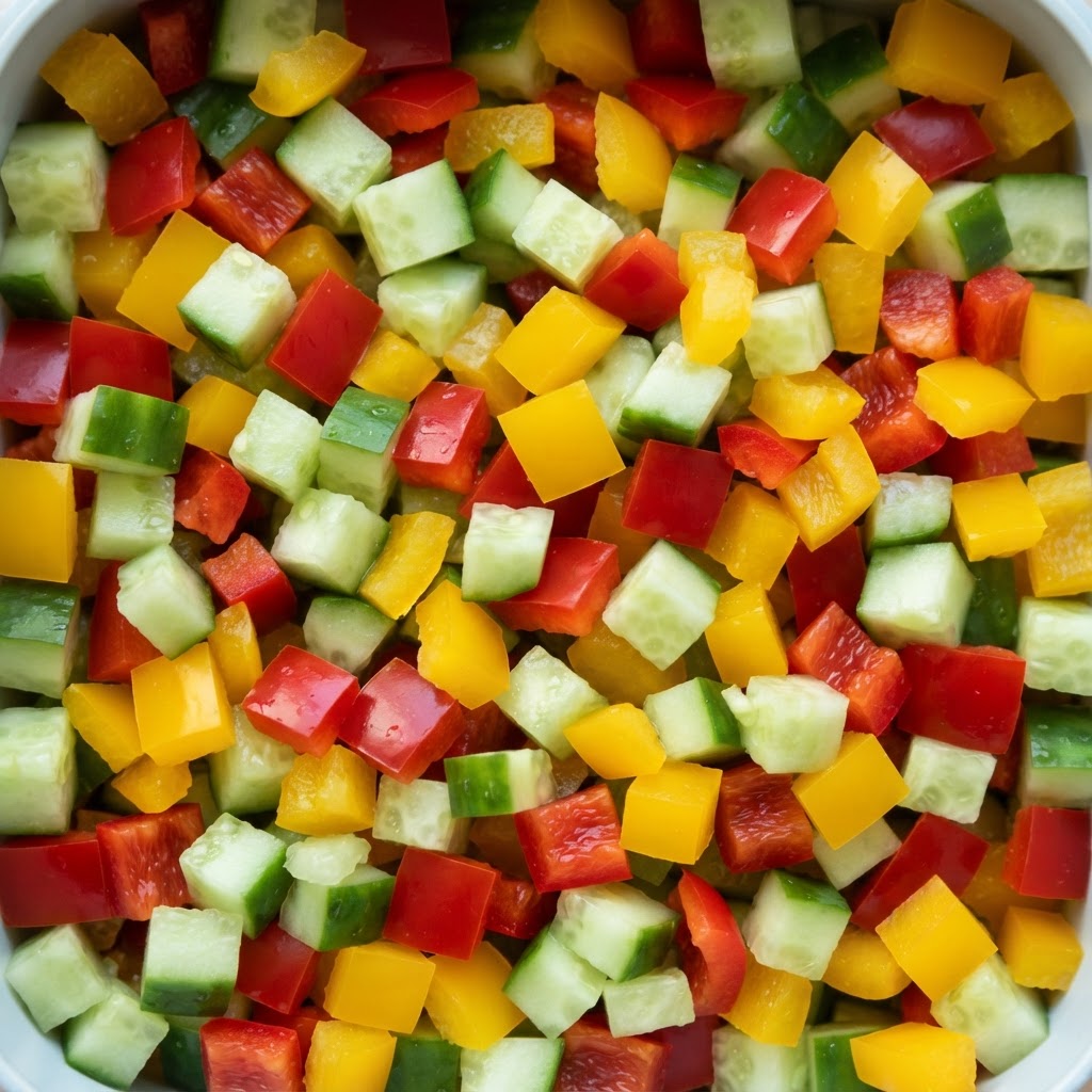 Bocados de Pepino y Pimiento Tricolor con toque de Cúrcuma