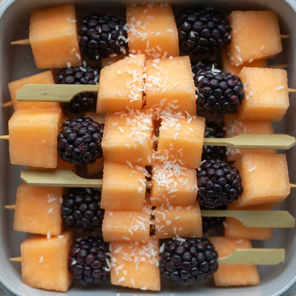 Brochetas Frutales de Melón y Mora con Crujiente de Coco