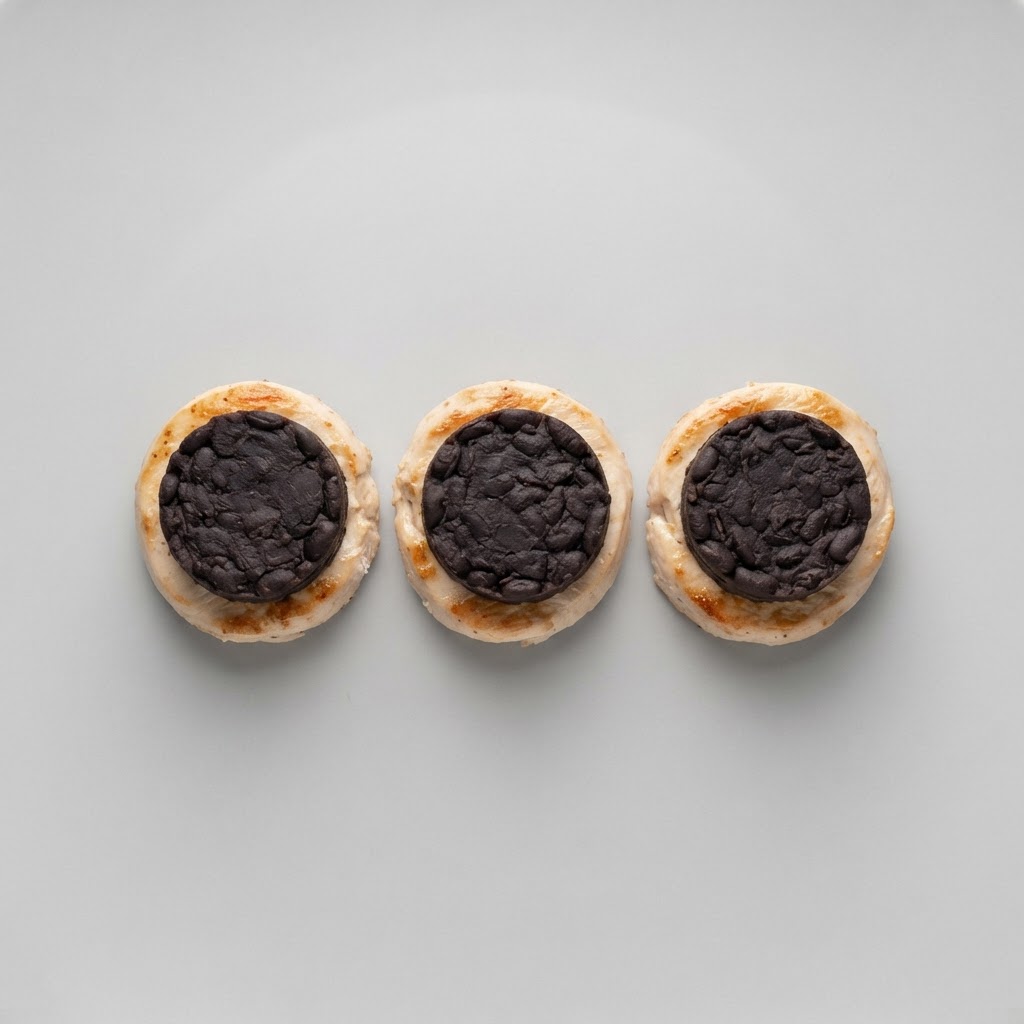 Medallones de Pollo con Costra de Frijol Negro y Textura de Pollo Crujiente