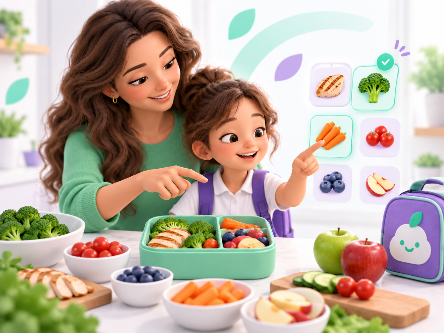 Madre e hija eligiendo alimentos en la interfaz digital de LonchiSpin