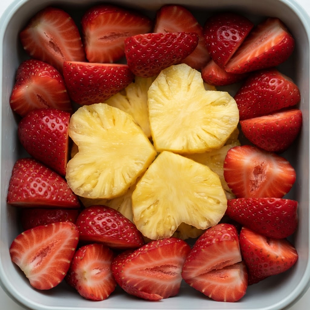 Corazones de piña con fresas frescas