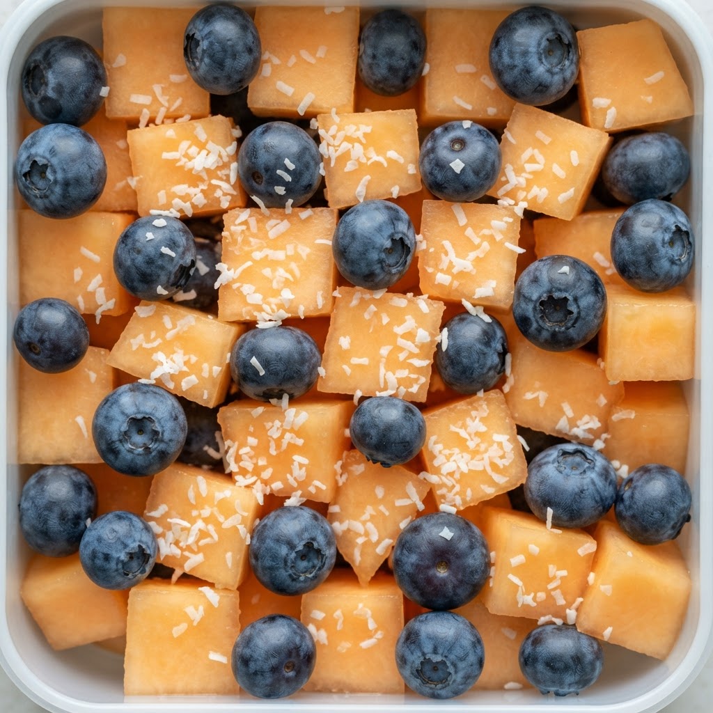 Bocados de Melón con Crujiente de Coco y Arándanos