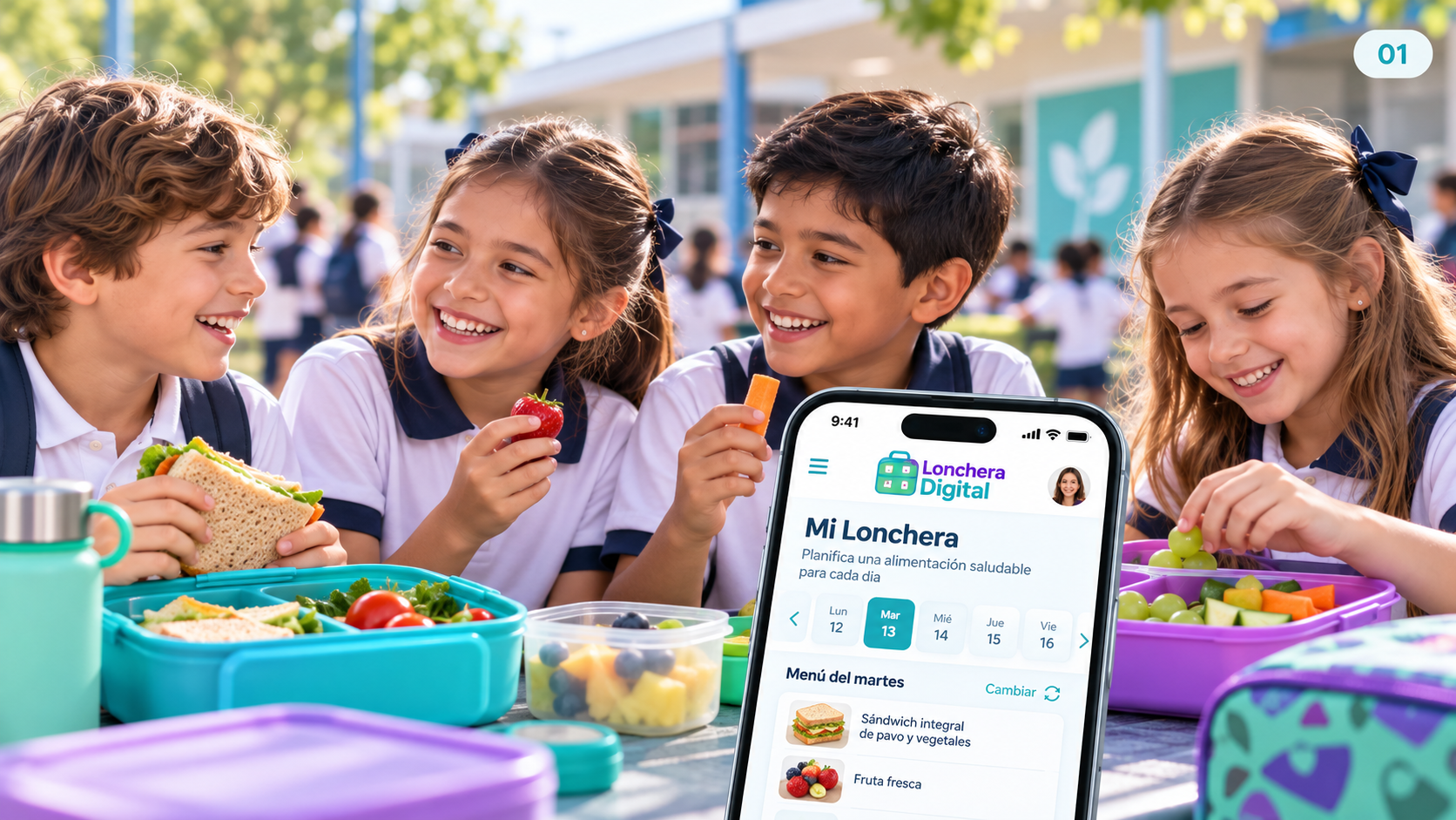 Niños disfrutando sus loncheras con la app Lonchera Digital