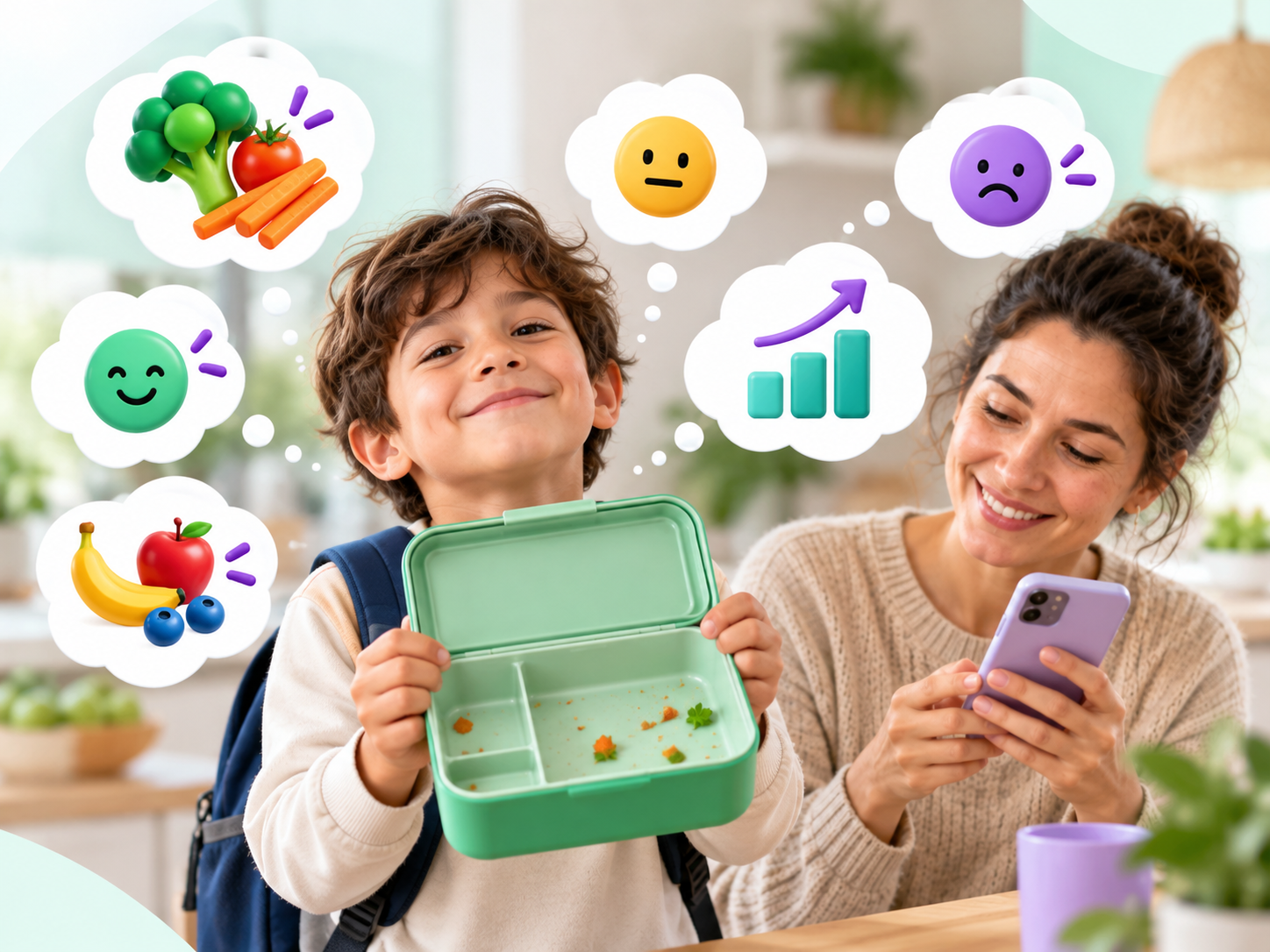Niño mostrando lonchera vacía con registro de feedback