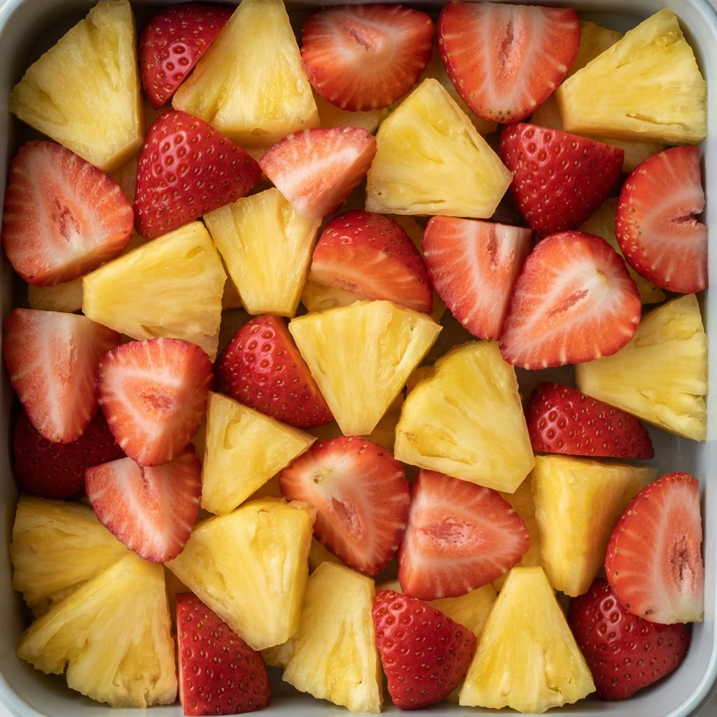 Bocaditos de Piña y Fresas con Escarcha de Fruta