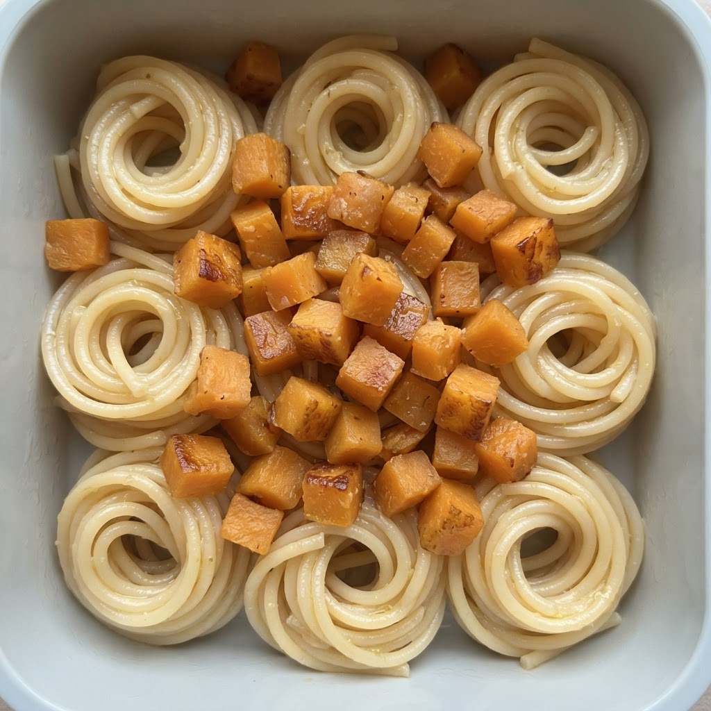 Niditos de Pasta de Trigo con Trozos de Camote Caramelizado
