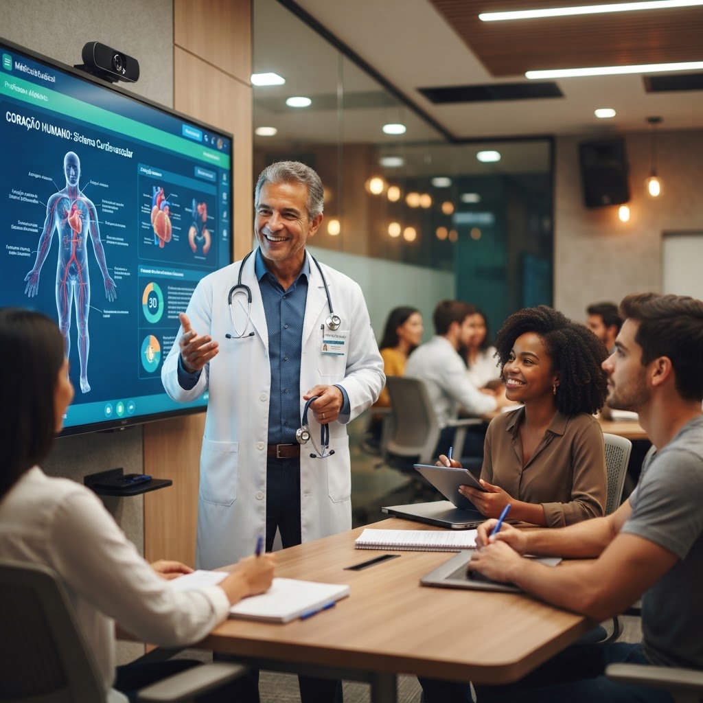 Professor de medicina ensinando alunos