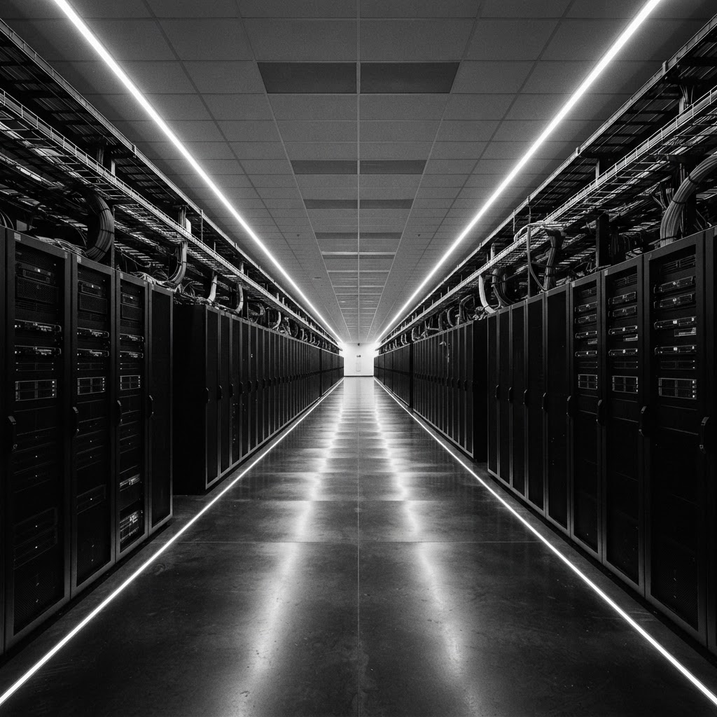 Monochrome view of an enterprise data center hall with rows of server racks