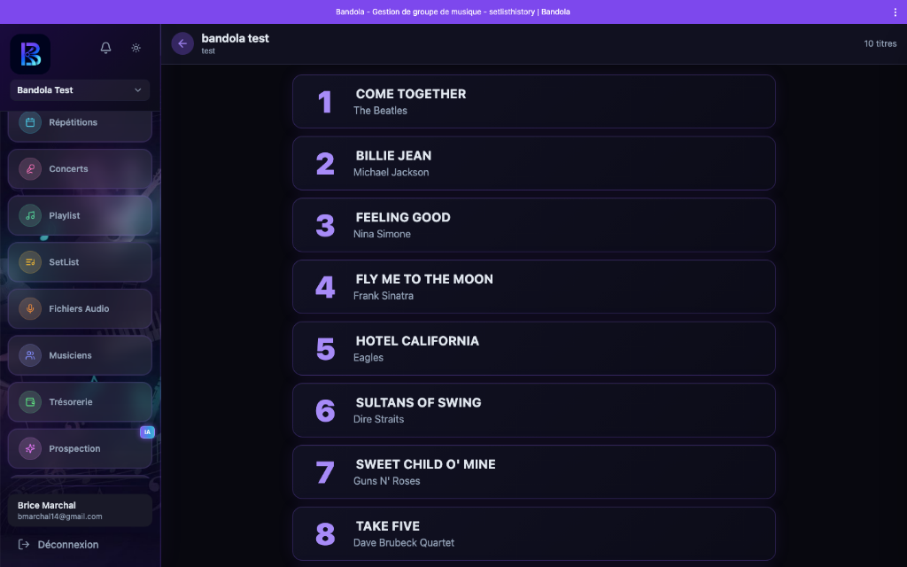 Vue concert de la setlist