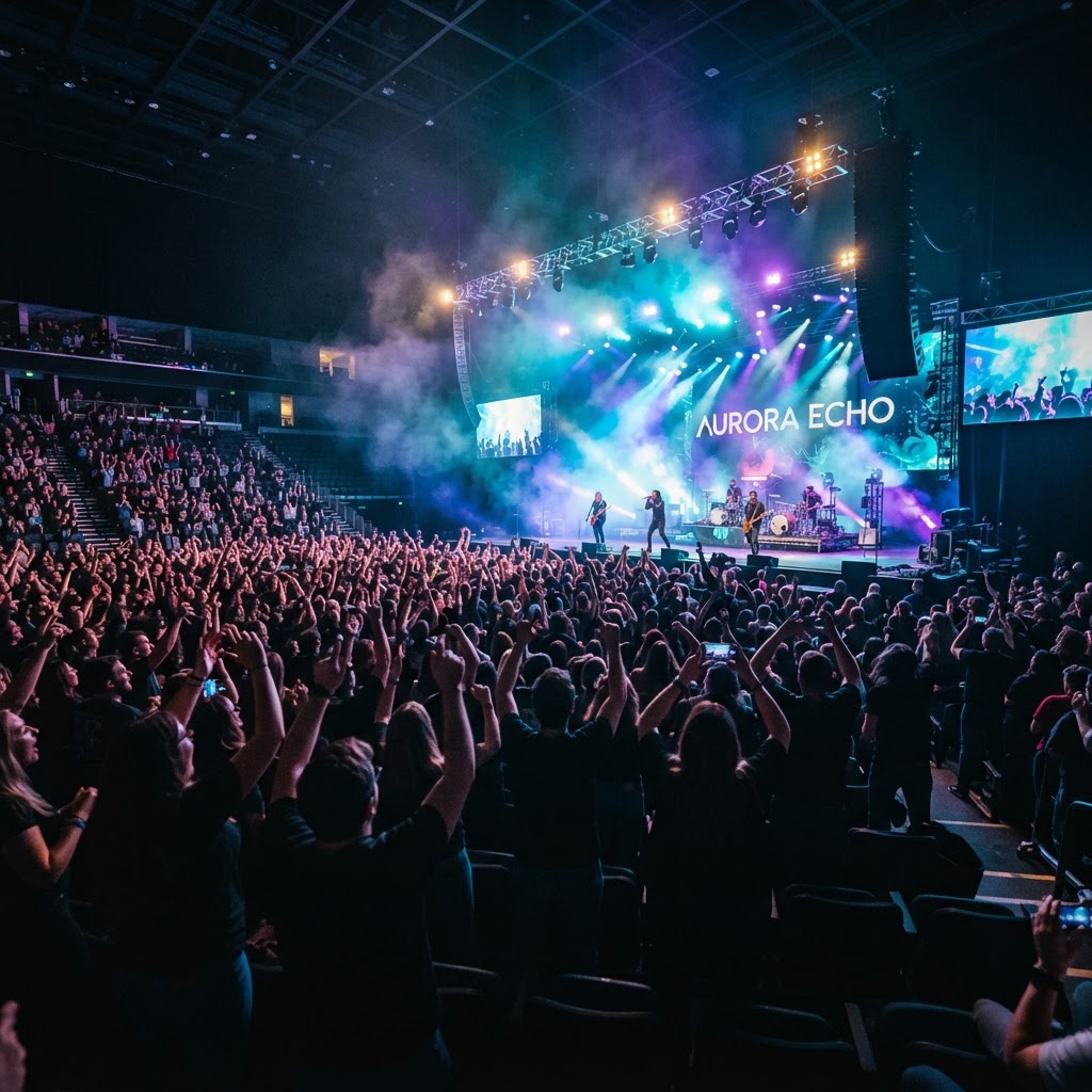 Scène de concert vue depuis l'arrière du public