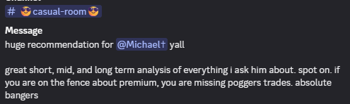 Discord community member recommending Michael for short, medium, and long-term analysis