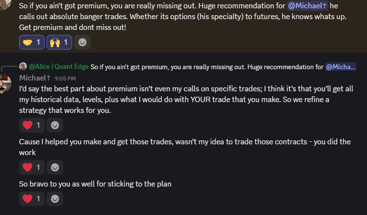 Discord community feedback recommending the premium community and its trade analysis