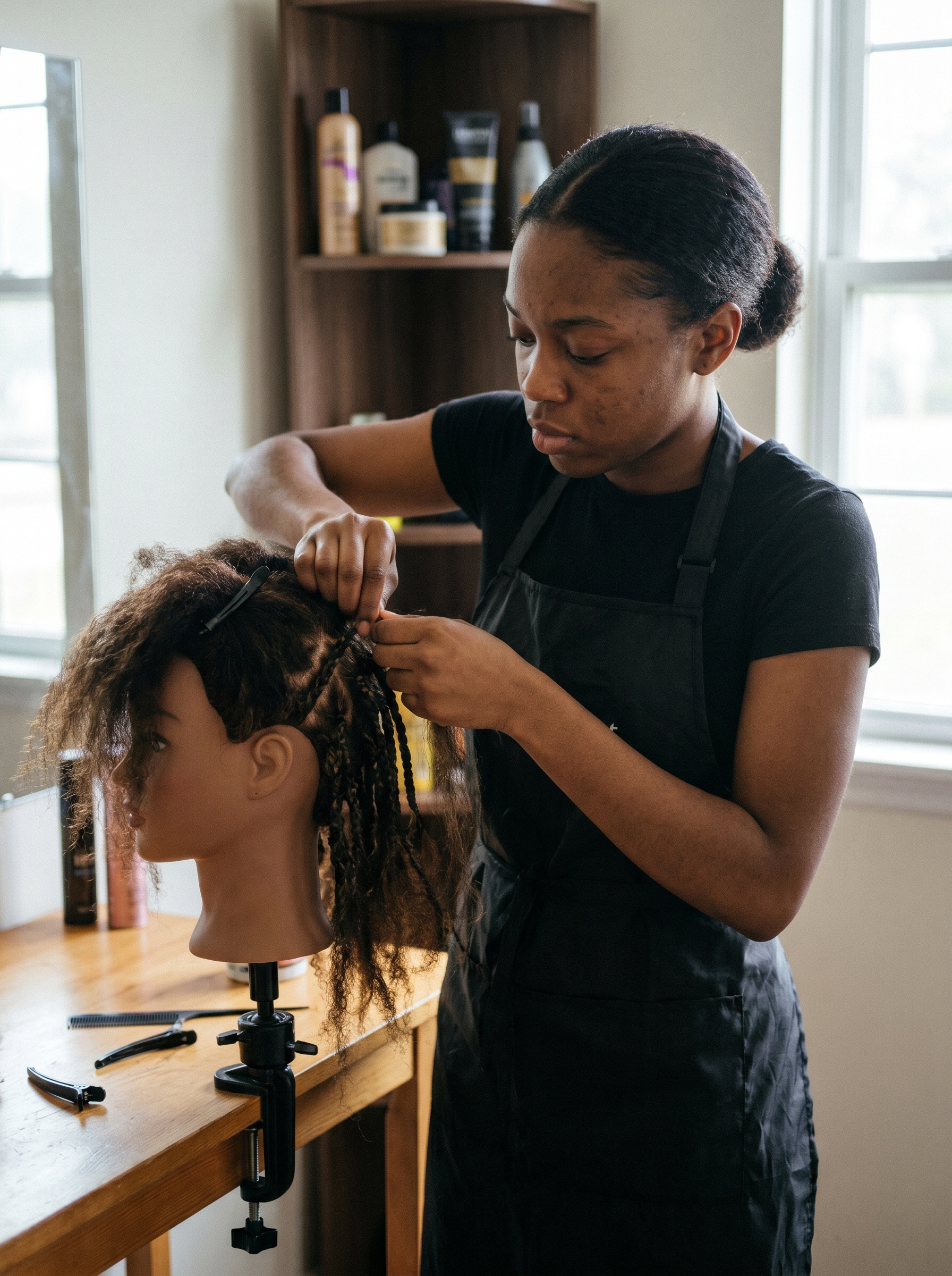 Hairstylist oefent vlechten op een mannequin