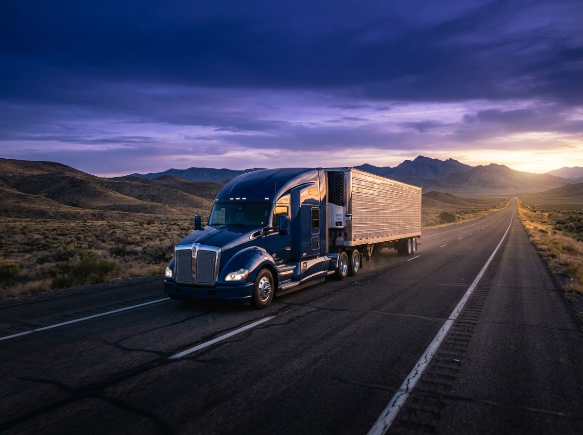 Modern semi truck hauling freight on an open highway at golden hour