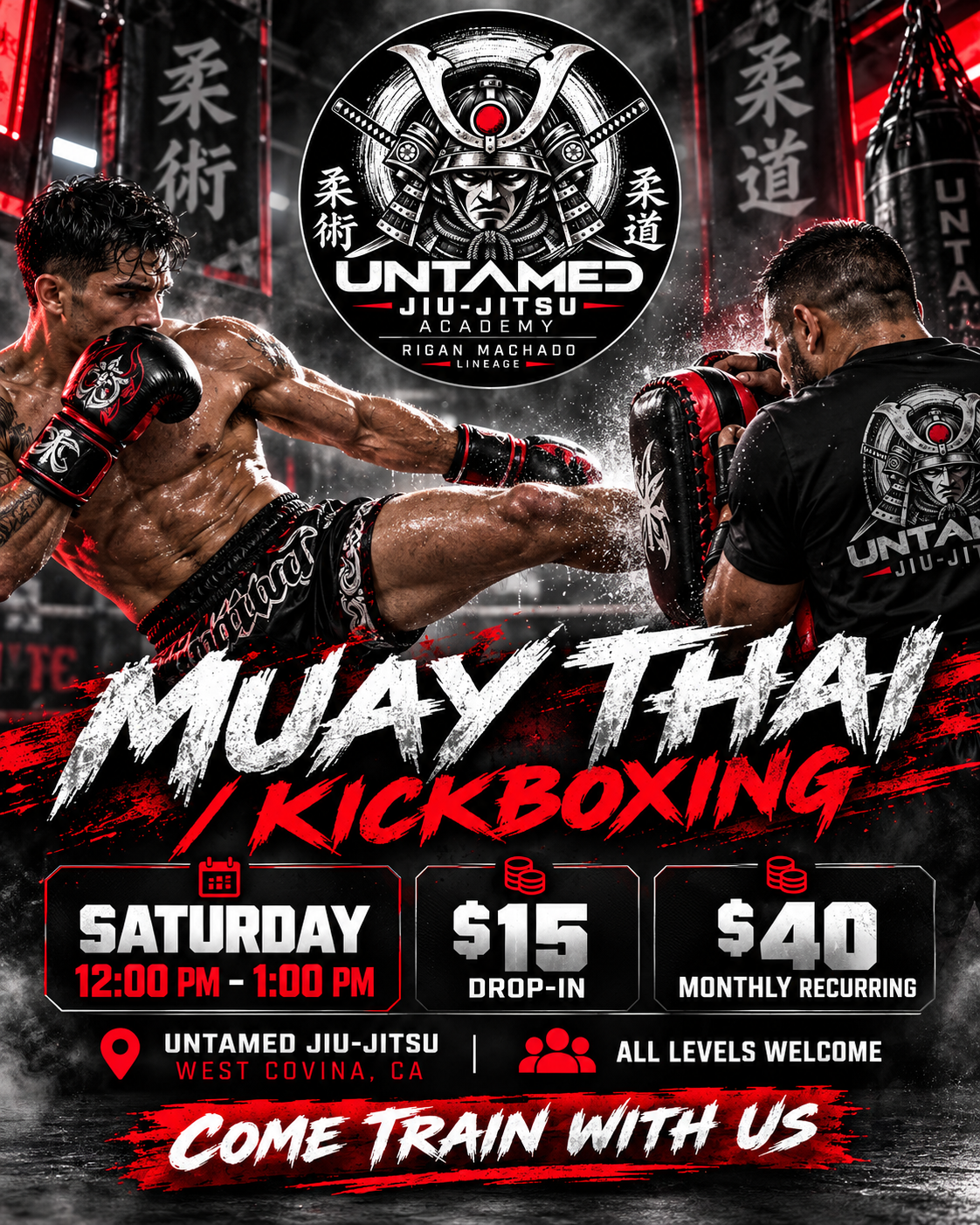Saturday Muay Thai promotional poster: 12:00 PM to 1:00 PM, $15 drop-in, $40 monthly recurring
