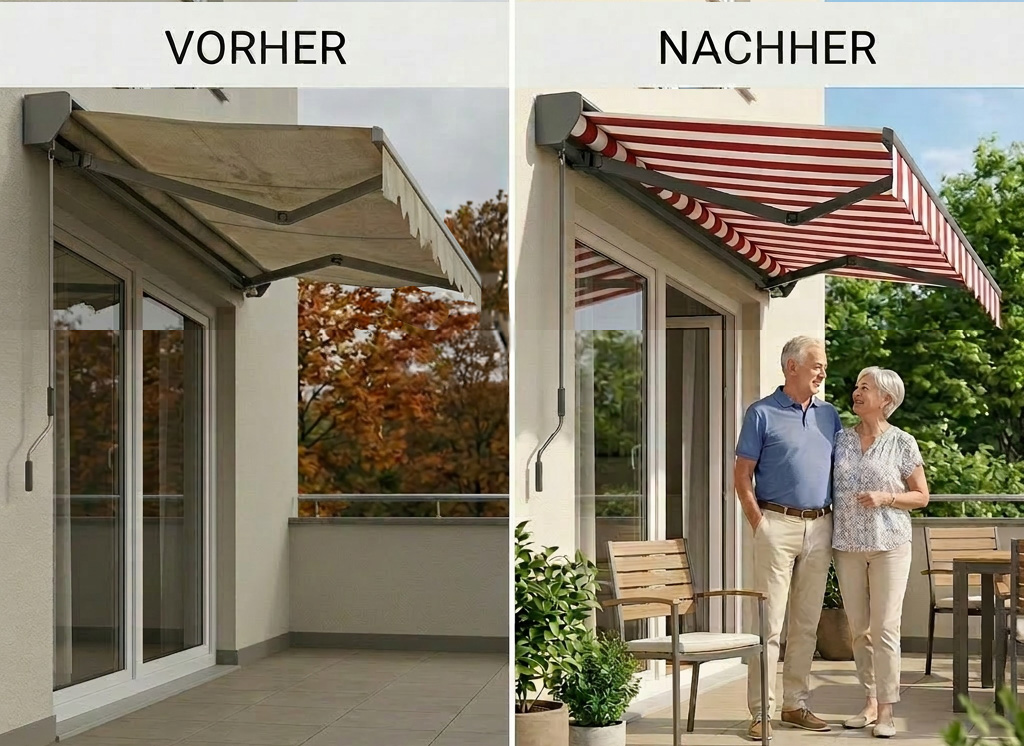 Markisenstoff wechseln Vorher Nachher – Alter verwitterter Stoff links, neuer rot-weißer Stoff mit glücklichem Ehepaar rechts