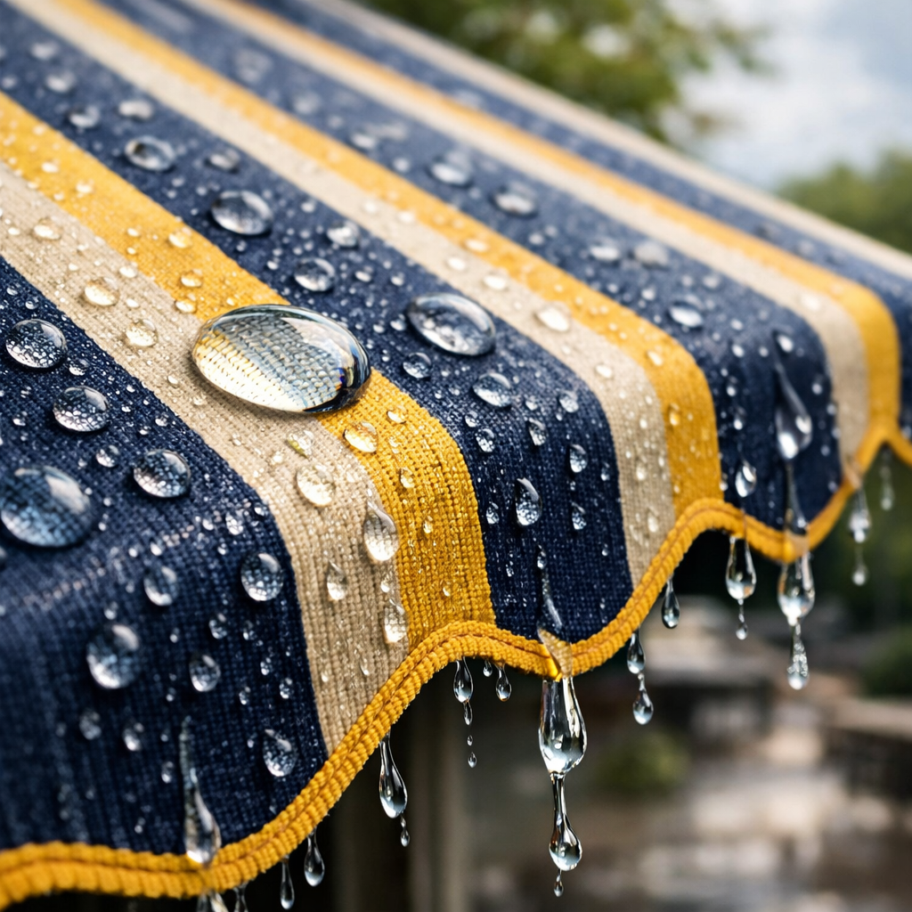 Wasserdichter Markisenstoff mit Wassertropfen – Nahaufnahme gestreifter Acrylstoff mit Lotus-Effekt und abperlendem Regenwasser