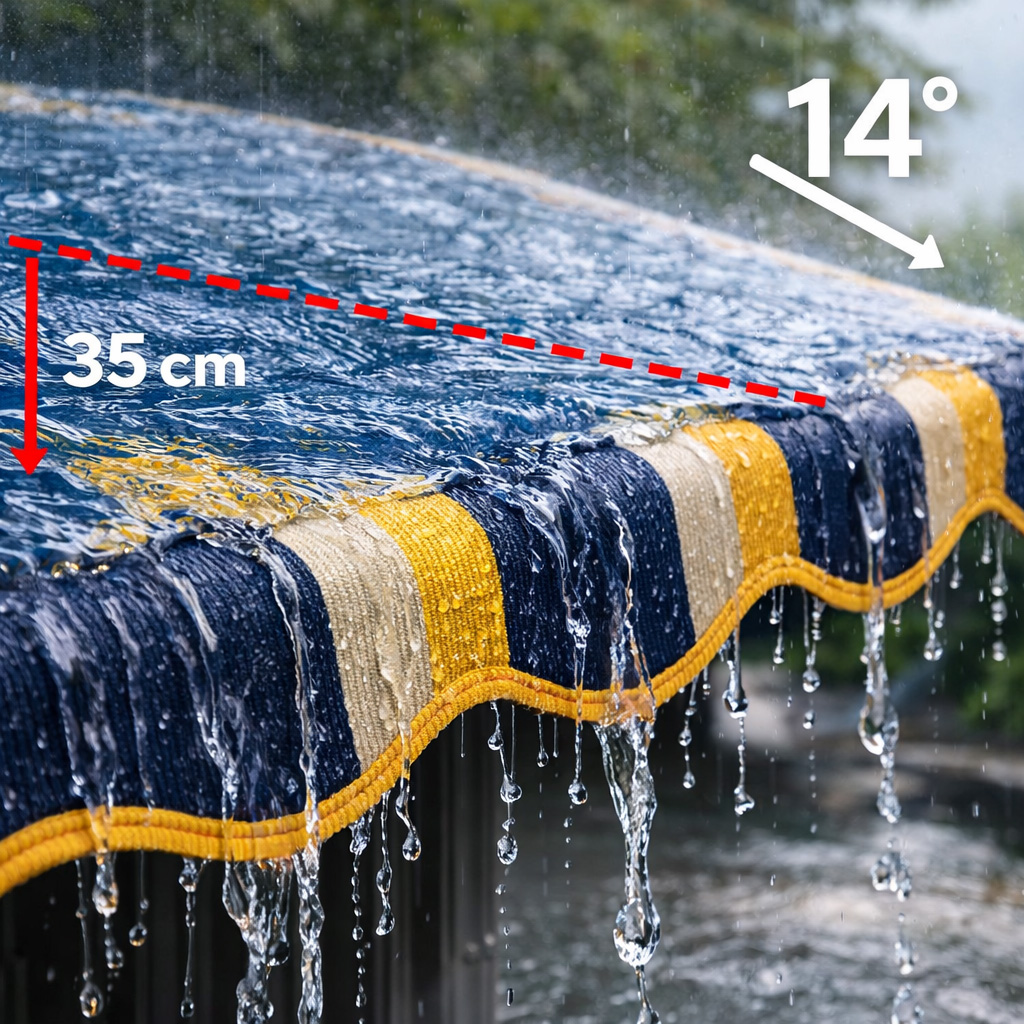 Markisenstoff Wasserdichtheit – 35 cm Wassersäule bei 14° Neigung: gestreifter Acrylstoff mit abfließendem Regenwasser und Neigungsangabe