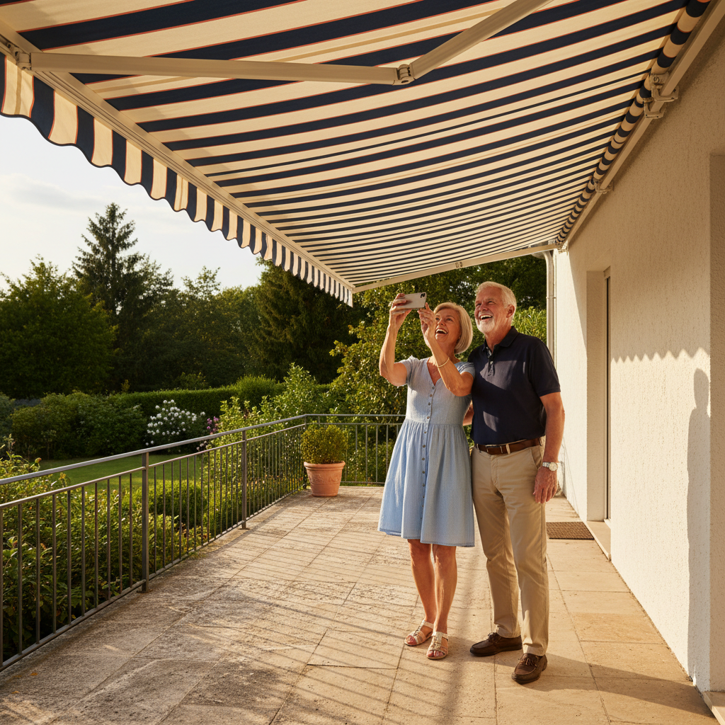 Stolzer Hausbesitzer fotografiert seine neue SOLATEX Markise auf der Terrasse