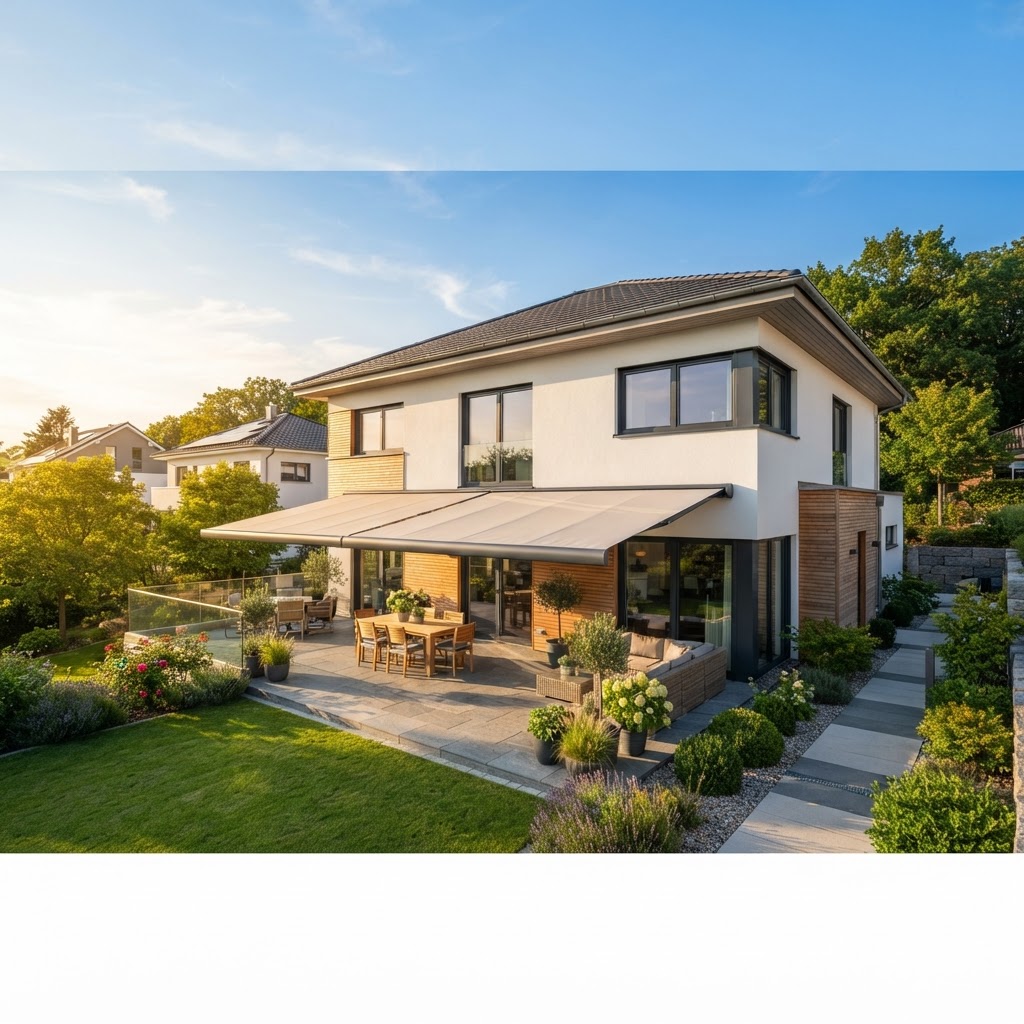 Markisen und Sonnenschutz an einem modernen Einfamilienhaus bei goldenem Nachmittagslicht – KI-generiertes Bild