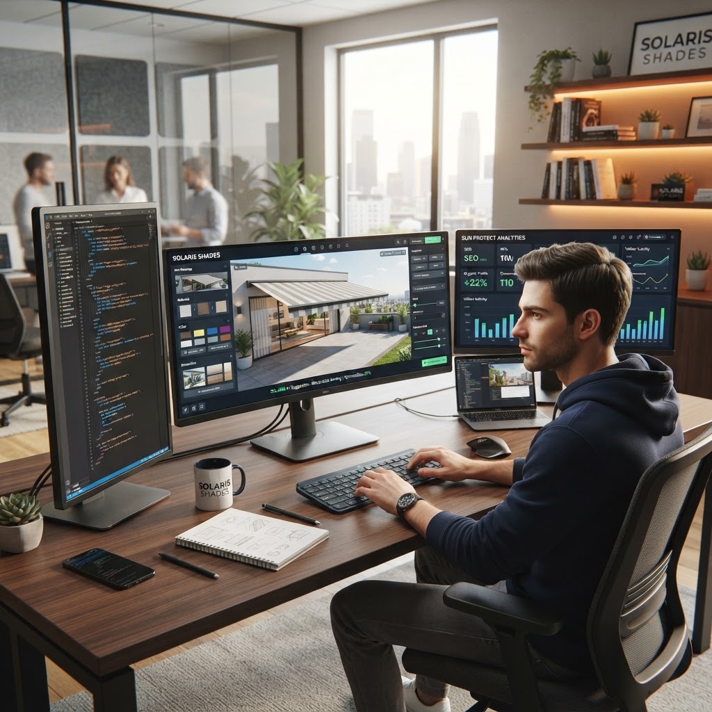 KI-gestütztes Webdesign und Konfigurator-Programmierung für die Markisen- und Sonnenschutzbranche – KI-generiertes Bild