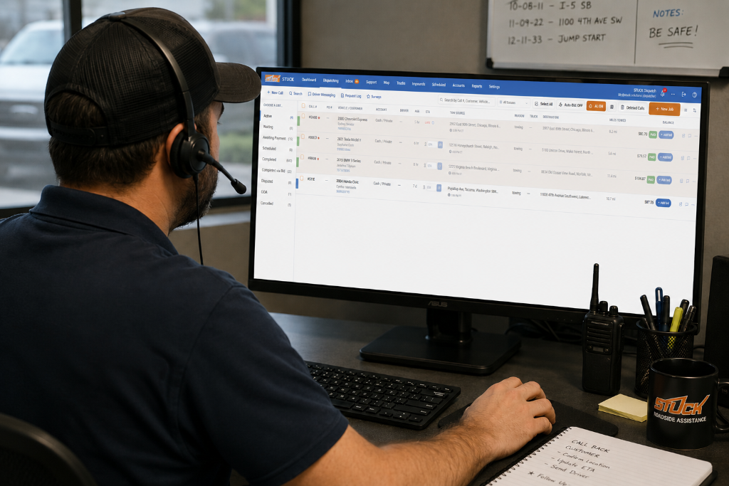 STUCK Dispatch portal in use by a professional dispatcher managing tow jobs