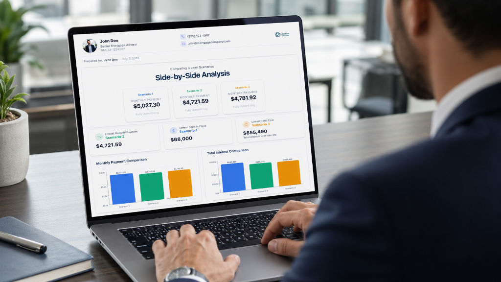 Side-by-side loan scenario analysis on laptop screen