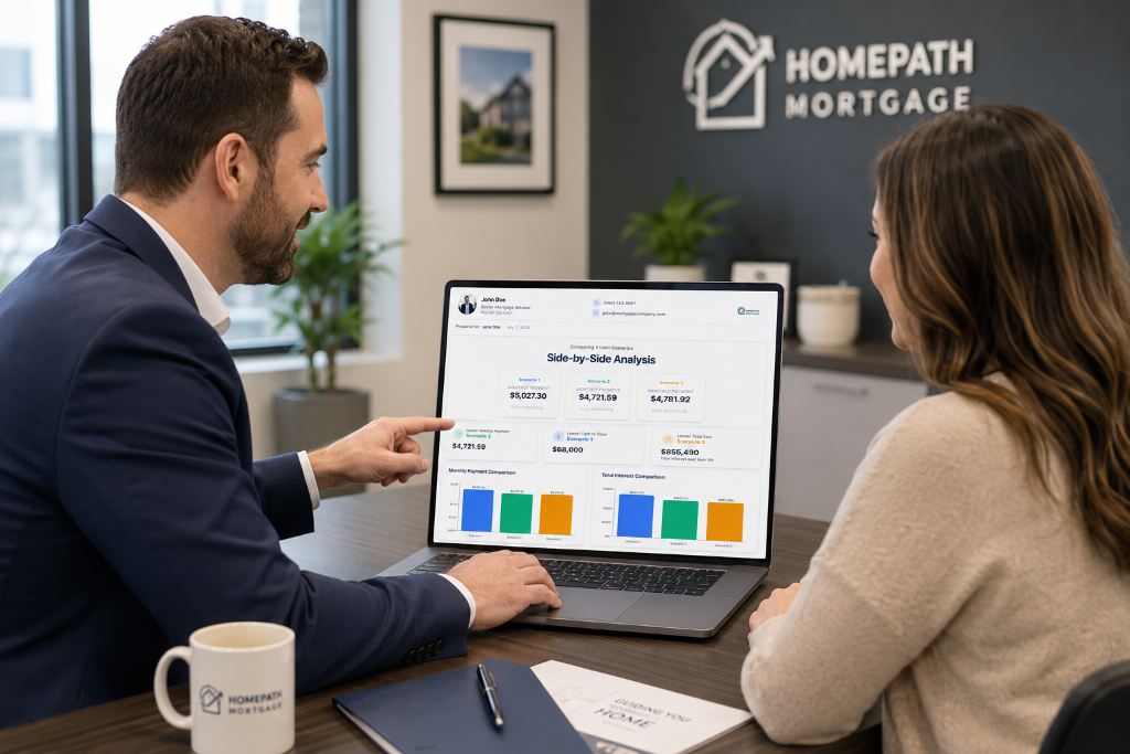 Loan officer presenting side-by-side loan analysis to client