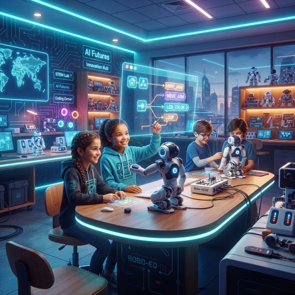 Futuristic humanoid robotics classroom with visual programming blocks