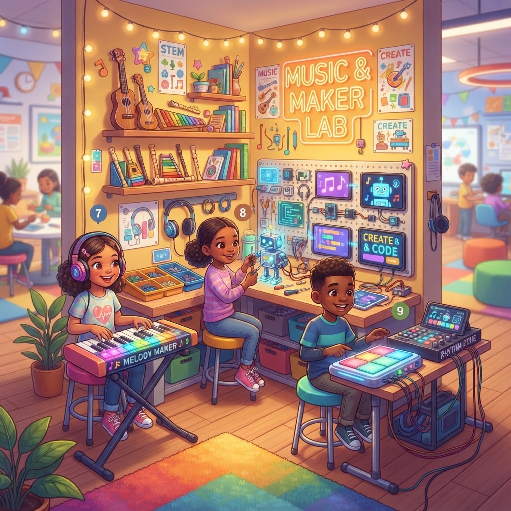 Kids music and maker space with instruments and robotics tools