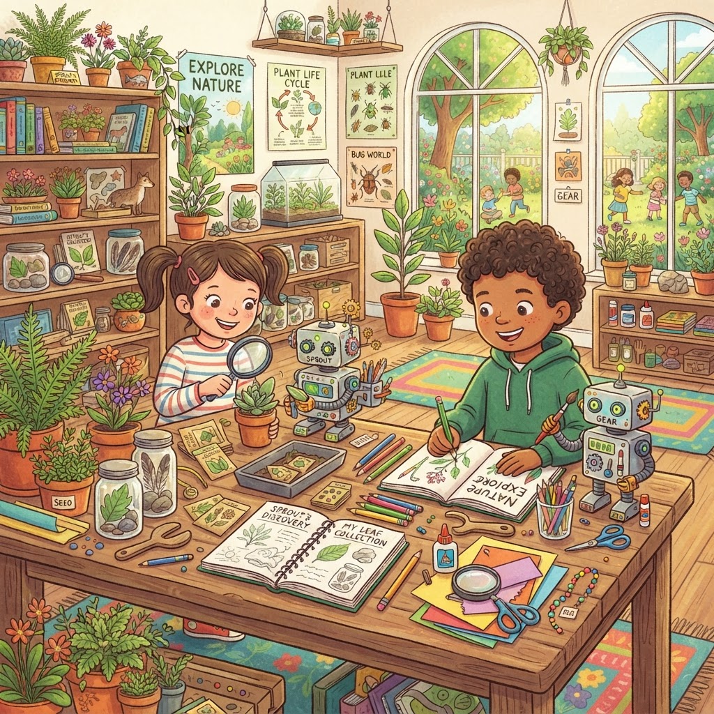 Kids nature and discovery station with plants and science tools