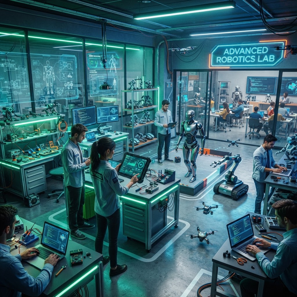 Advanced Android robot development lab with tablets, dashboards, and service robots