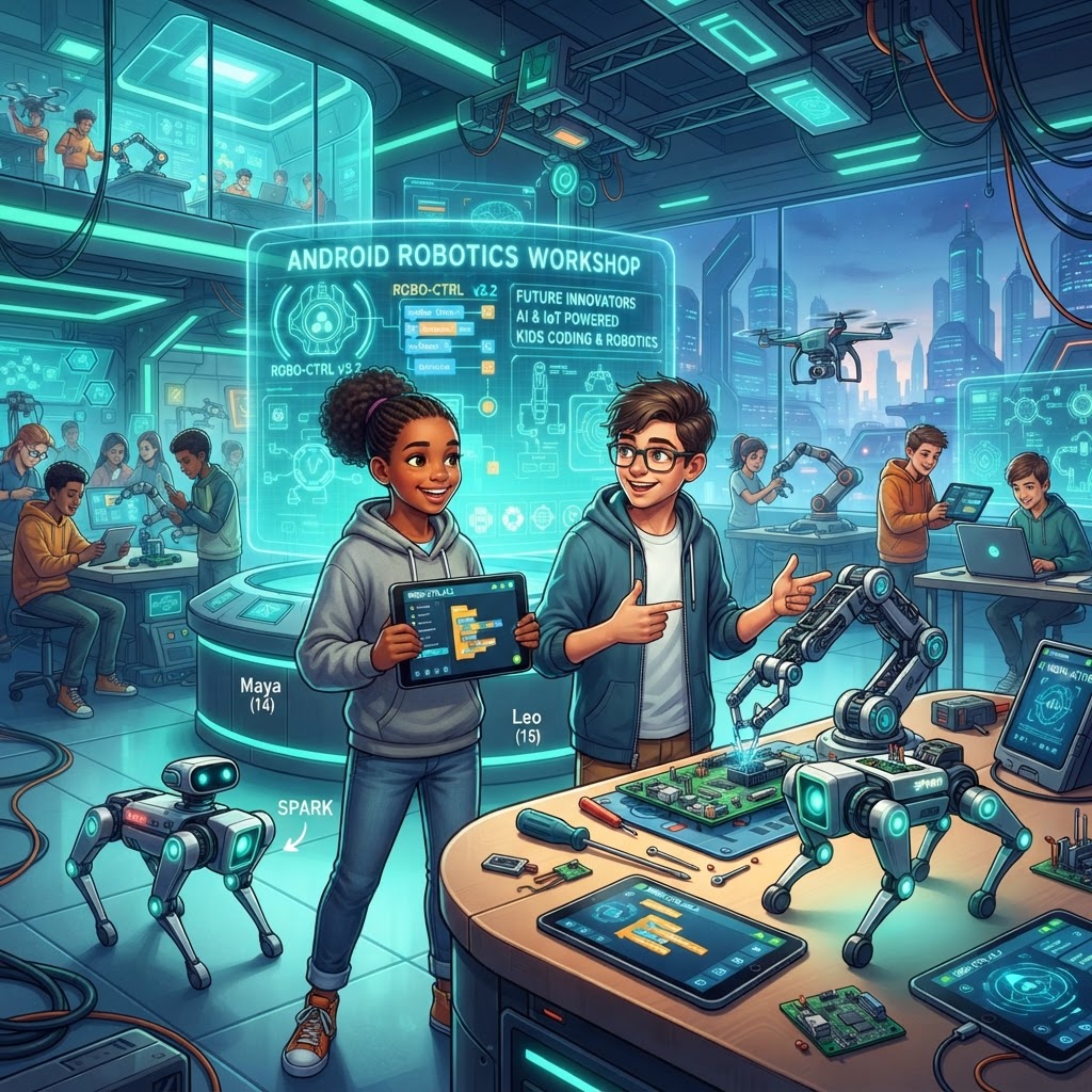Students showcasing Android apps that power real robots in a futuristic innovation hub
