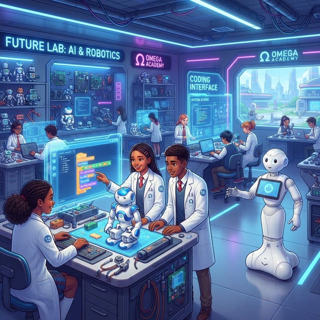Students programming NAO and Pepper style robots in an AI lab