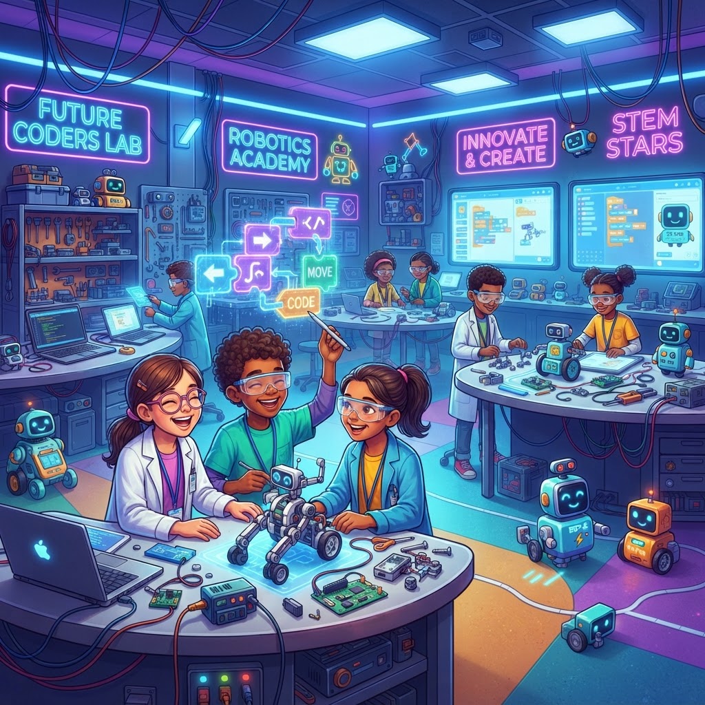 Futuristic kids robot lab with coding screens and friendly robots