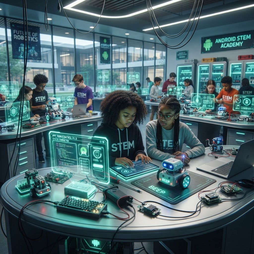 Futuristic Android robotics classroom with glowing mobile control screens and friendly robots