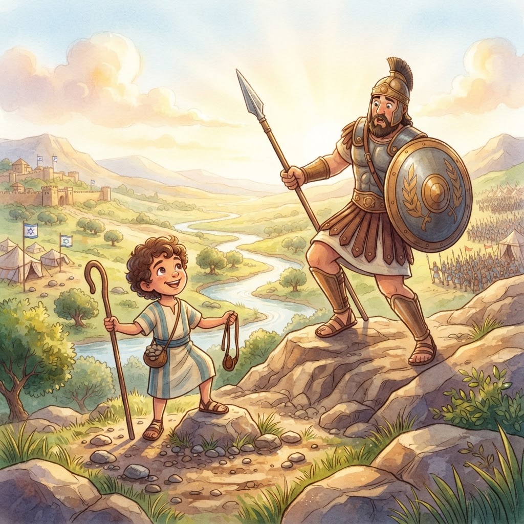 Animated children's Bible image inspired by David and Goliath in a colorful storybook world
